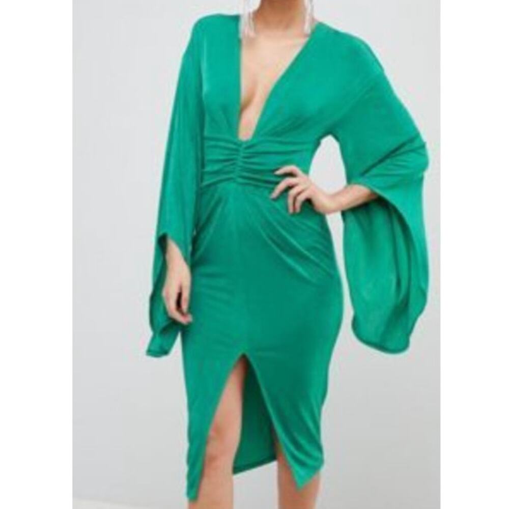 Asos Green Shimmer Plunge Neck Backless Midi Flowy Sleeve Dress • Size 4